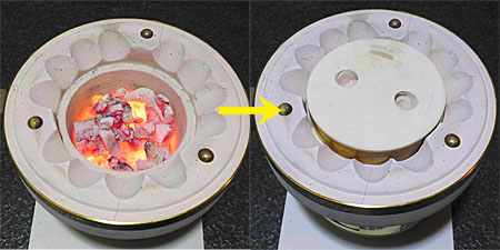 七輪の蓋で炭壷に